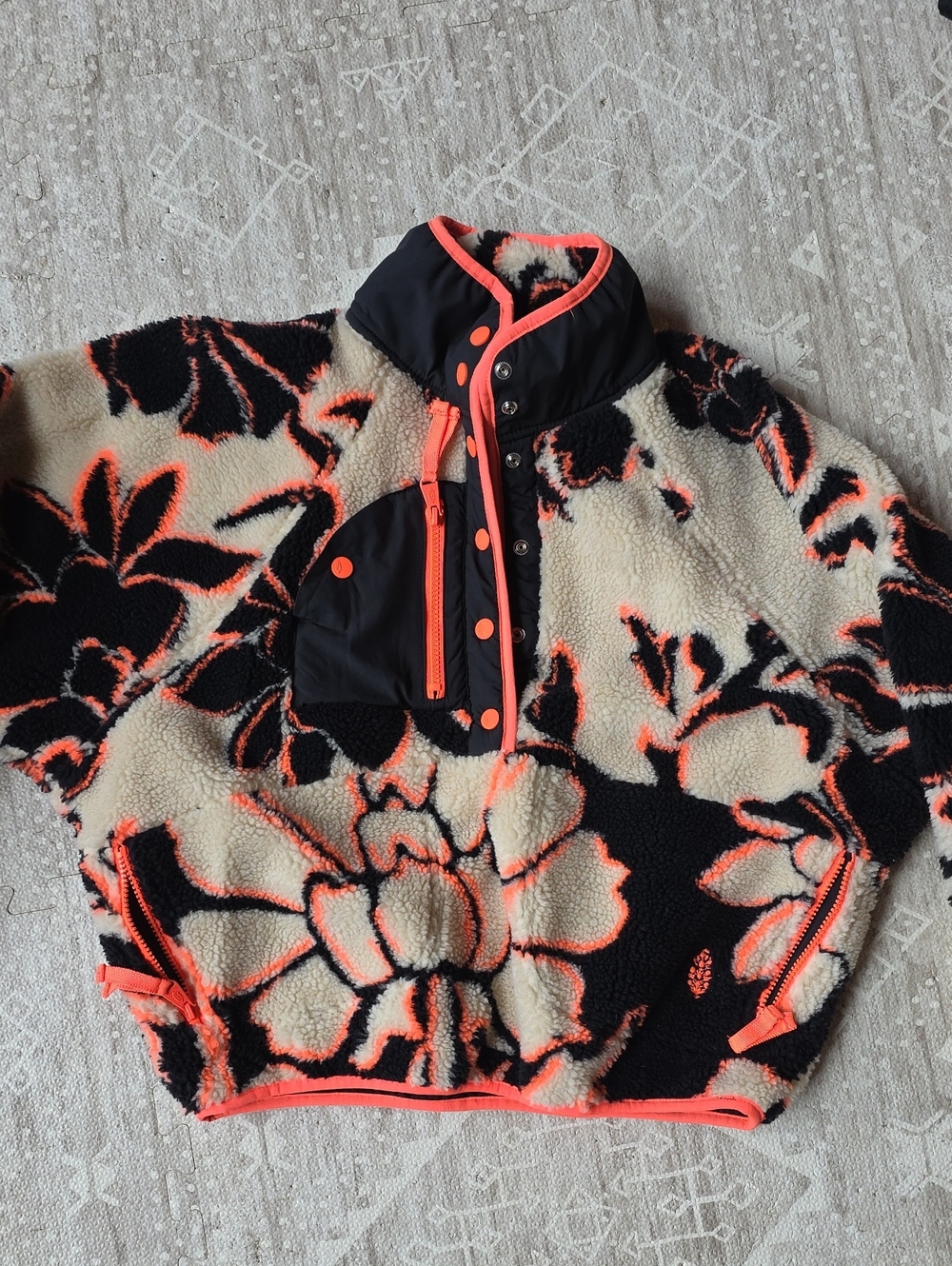 Free People Floral Sherpa Pullover in Cream, Black & Neon Orange